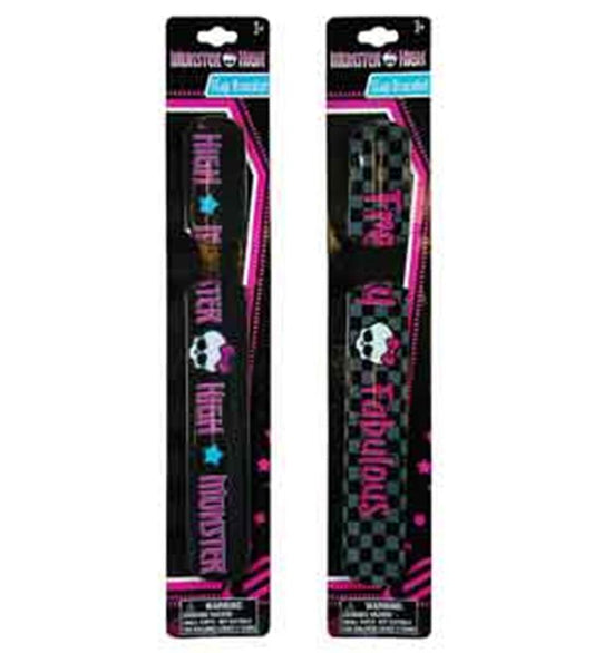 Two Monster High slap bracelets featuring black backgrounds with pink and blue text, skull and heart graphics, and checkered