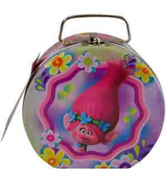 Round metal tin box with a purple background featuring a pink Troll character and colorful flowers, topped with a metal.