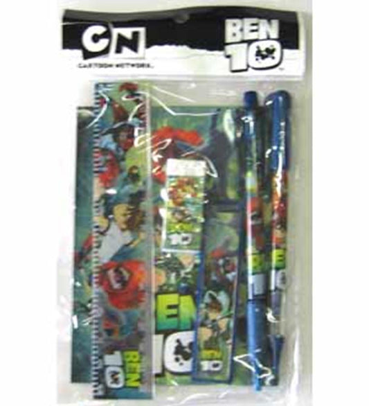 Ben 10 stationery set with illustrated ruler, eraser, sharpener, and two blue pencils in vibrant packaging.