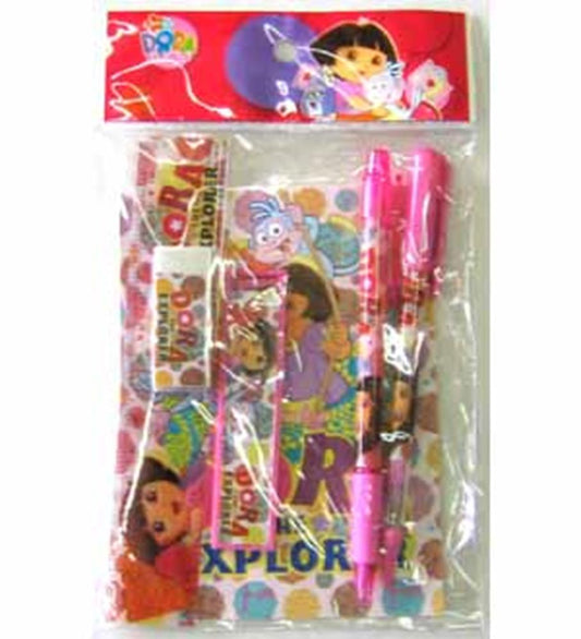 Colorful Dora the Explorer stationery set including a notebook, ruler, and two pink pens with character designs.