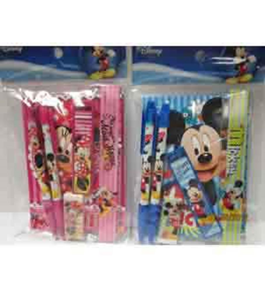 Two Disney-themed stationery sets, one pink featuring Minnie Mouse, one blue featuring Mickey Mouse, each containing.