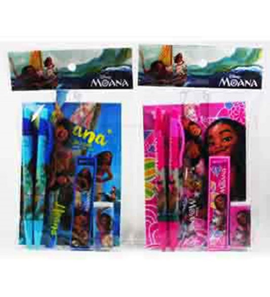 Two Disney Moana-themed stationery sets with notebooks, pencils, erasers, and sharpeners in blue and pink packaging.