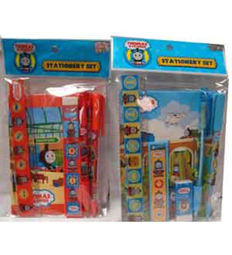 Two Thomas the Tank Engine stationery sets in plastic packaging, one with red-themed items and the other with blue-themed.