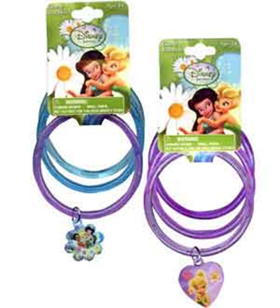 Set of glittery blue and purple bangles with Tinkerbell-themed flower and heart-shaped charms.