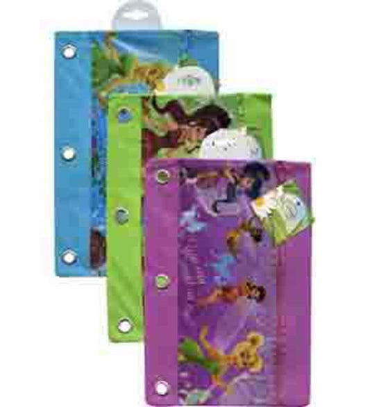 Three Disney Fairies themed rectangular pencil pouches in blue, green, and purple with three metal ring holes on the left.
