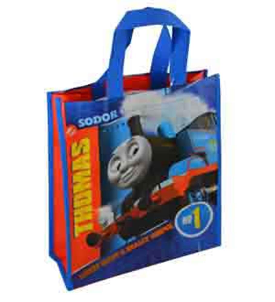 Blue non-woven tote bag with Thomas the Tank Engine graphic and blue handles.