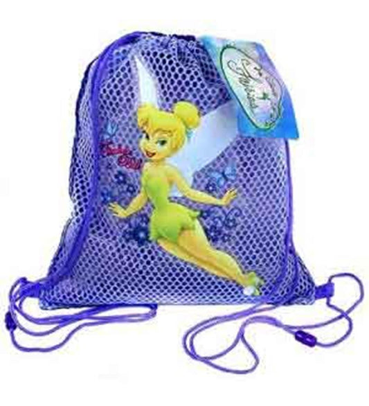 Purple mesh sling bag featuring a colorful Tinkerbell graphic and adjustable drawstring straps.