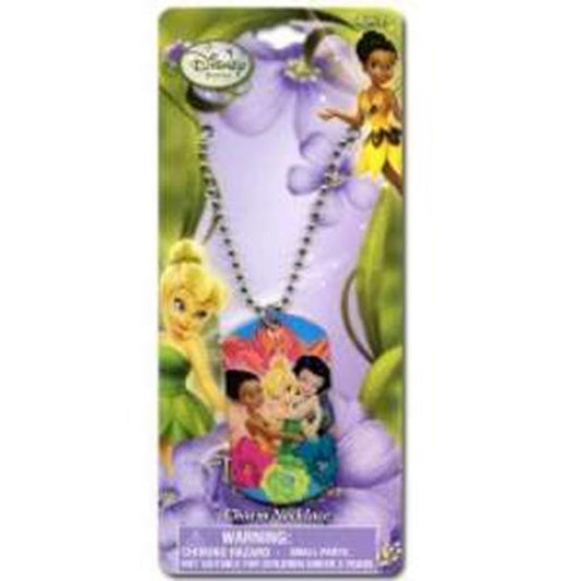 Silver metal dogtag necklace with colorful Tinkerbell and friends design on a purple background.