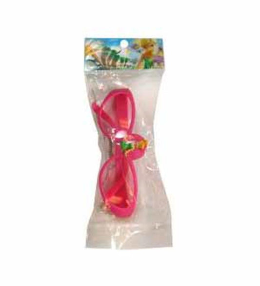 Bright pink plastic sunglasses with butterfly-shaped frames and tinted lenses in clear packaging.