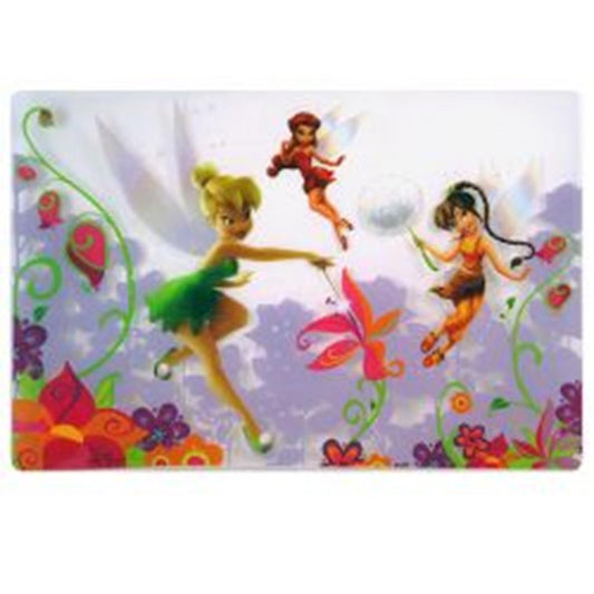 Rectangular placemat featuring colorful illustrations of three fairies with wings among flowers and swirling vines on a.