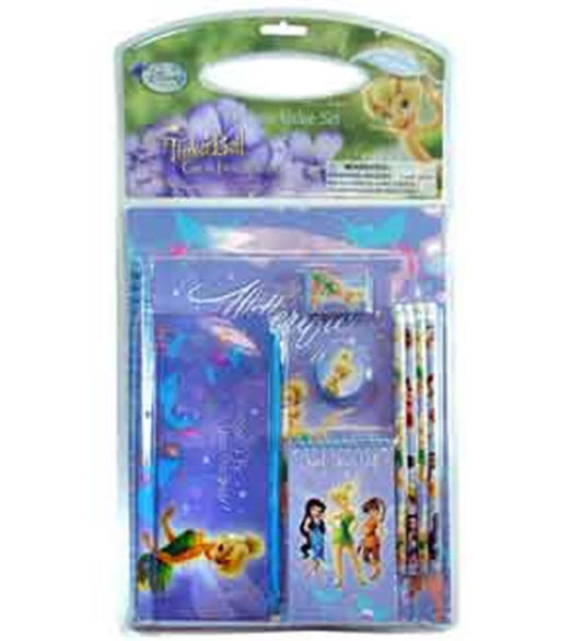 Tinkerbell stationery set with purple fairy-themed notebook, matching notepads, and three decorated pencils.
