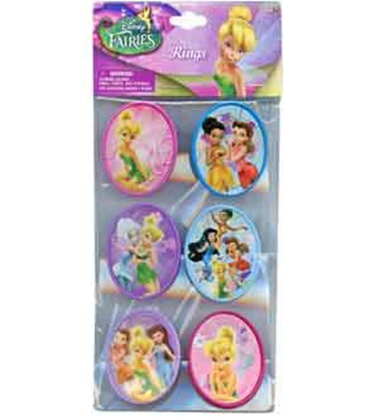 Six colorful Disney Fairies cupcake topper rings featuring Tinkerbell and friends, each with different character designs on.