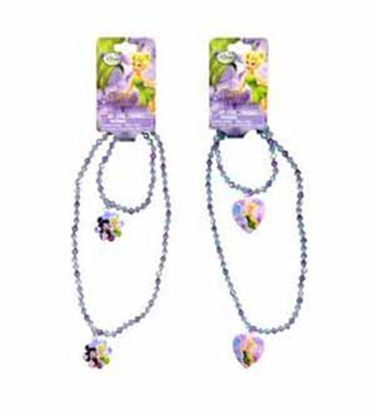 Two silver-tone bead chains with colorful Tinkerbell charms, one bracelet with a round charm and one necklace with a.