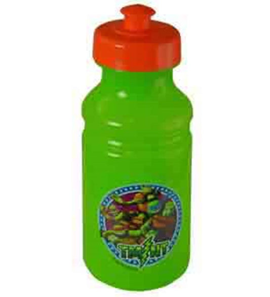 Green plastic water bottle with an orange flip-top lid and Teenage Mutant Ninja Turtles graphic on front.