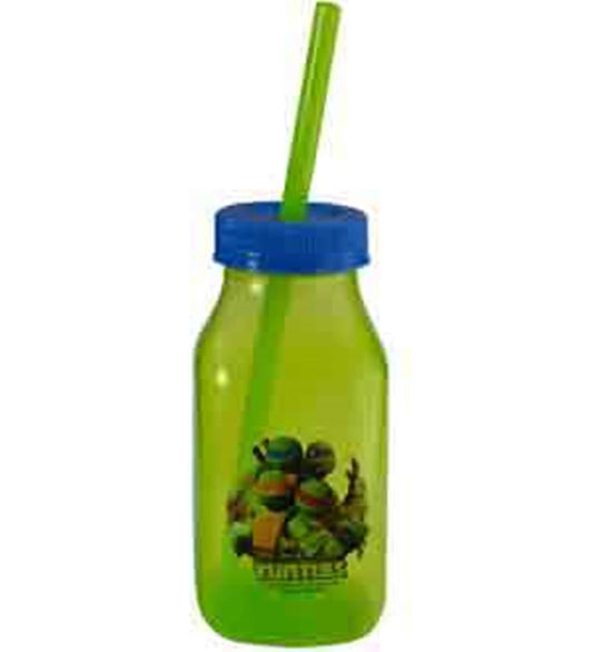 Green plastic milk bottle with blue lid and green straw, featuring Teenage Mutant Ninja Turtles graphic.
