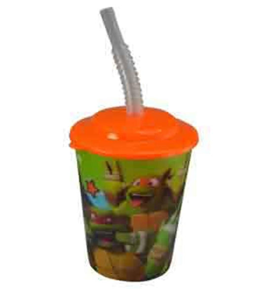 12oz plastic tumbler with orange lid and TMNT Ninja Turtles graphic, flexible gray straw.