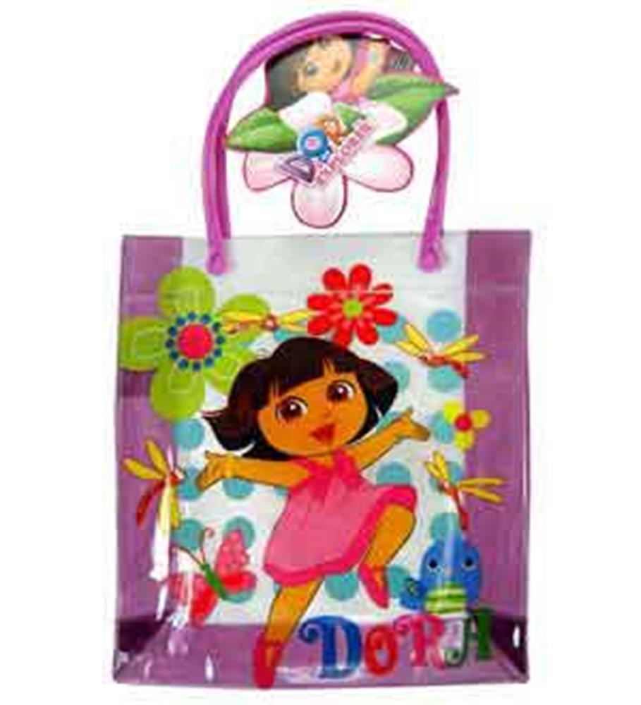 Purple rectangular tote bag with pink handles, featuring Dora the Explorer in a pink dress surrounded by colorful flowers.