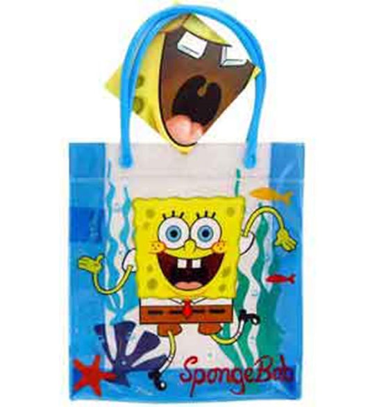 Blue heat-sealed tote bag with SpongeBob SquarePants graphic, clear front, and blue handles.