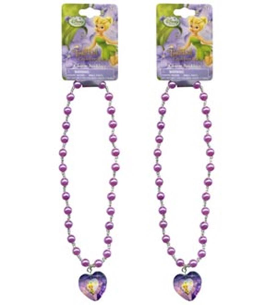 Purple pearl bead necklace with heart-shaped Tinkerbell pendant on 16-inch string.