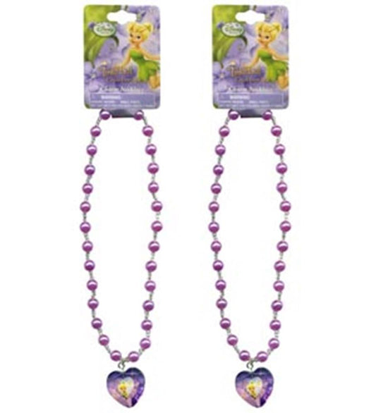 Purple pearl bead necklace with heart-shaped Tinkerbell pendant on 16-inch string.