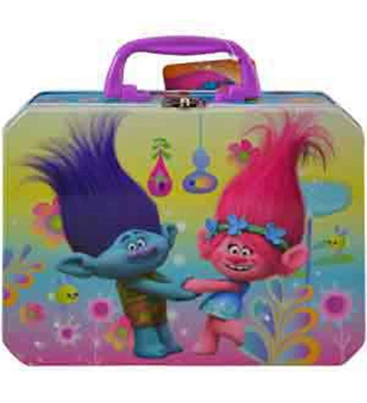 Rectangular metal tin box with purple handle featuring colorful Trolls characters with vibrant blue and pink hair on a.