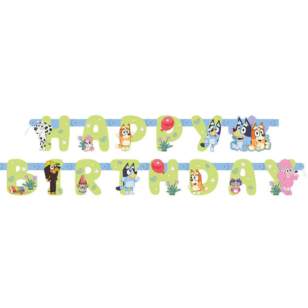 Colorful "Happy Birthday" banner with cartoon animal characters on each letter, featuring blues, greens, and yellows.