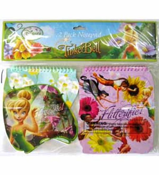 Two Tinkerbell spiral memo pads, one die-cut shaped with Tinkerbell in green and yellow, the other square with pink cover.