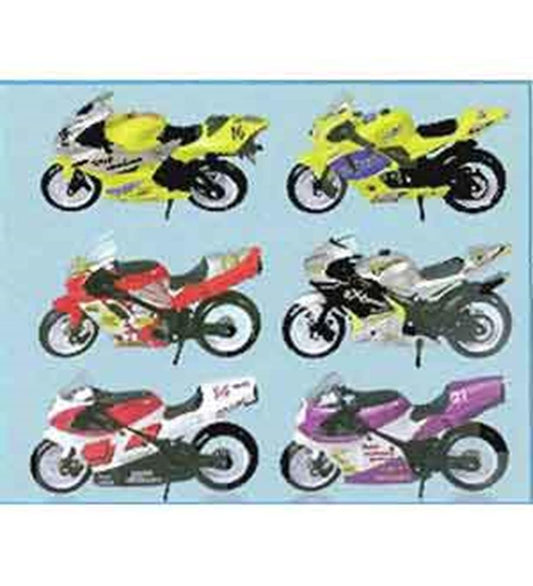 Six 5-inch diecast sport bikes in yellow, red, black, and purple with racing decals on a blue background.