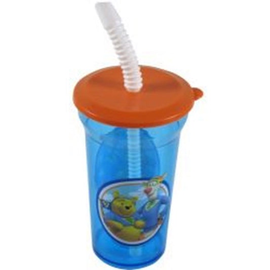 Blue plastic tumbler with orange lid and white bendable straw featuring Pooh and friends design.