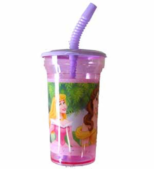 Pink plastic 12oz tumbler with purple lid and bendable straw, featuring Disney princess graphics.