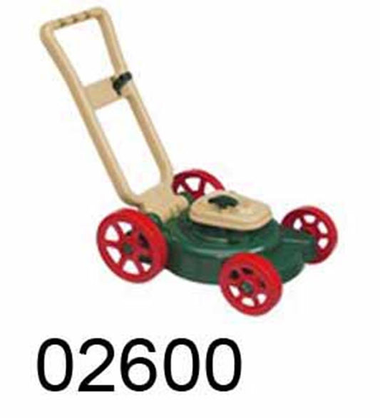 Green and beige toy lawn mower with red wheels and a handle for children.