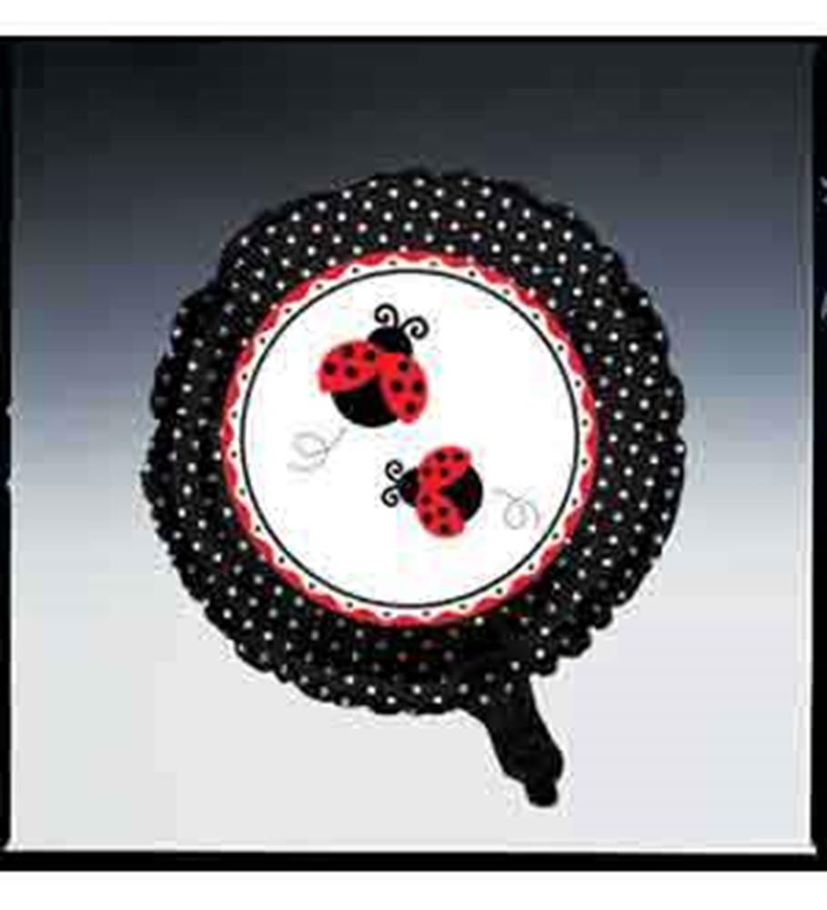 18-inch round mylar balloon with two red and black ladybugs on a white center, surrounded by black with white polka dots and