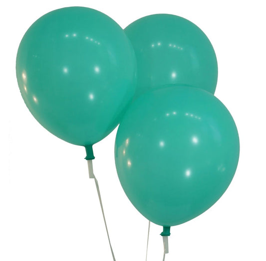 Set of three pastel aqua latex balloons inflated, round shape, 12-inch size.