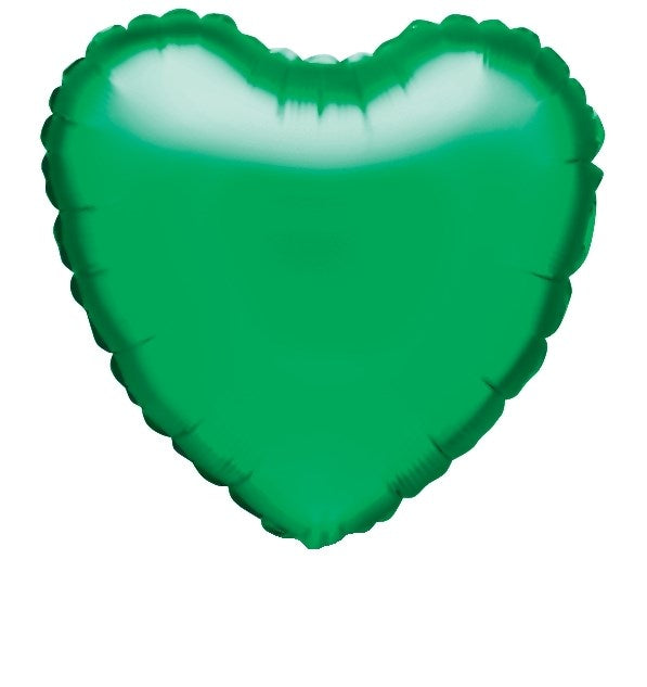 Shiny green metallic heart-shaped balloon with scalloped edges, 18 inches wide.