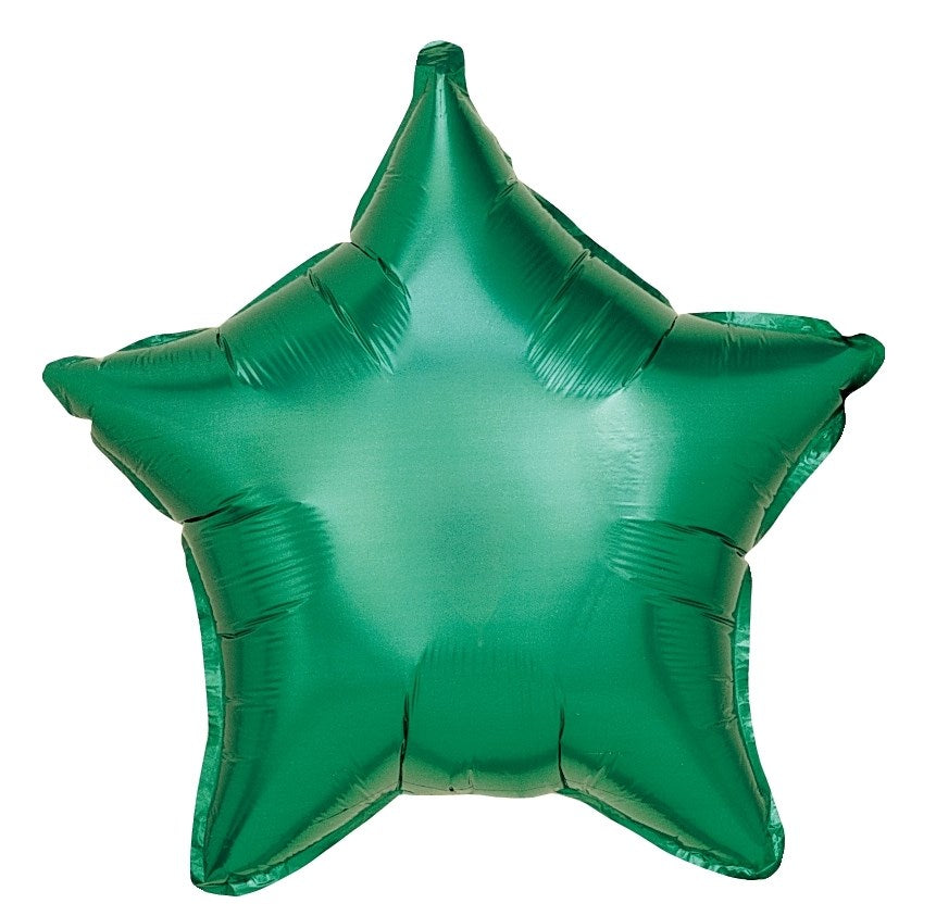 Metallic green star-shaped foil balloon with smooth, shiny surface, 19 inches wide.