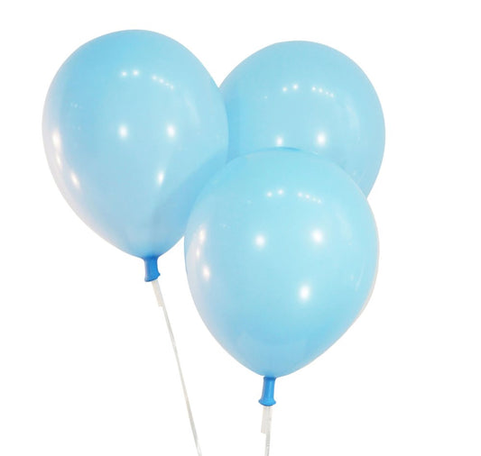 Set of three pastel baby blue round latex balloons, 12 inches each, inflated and floating.