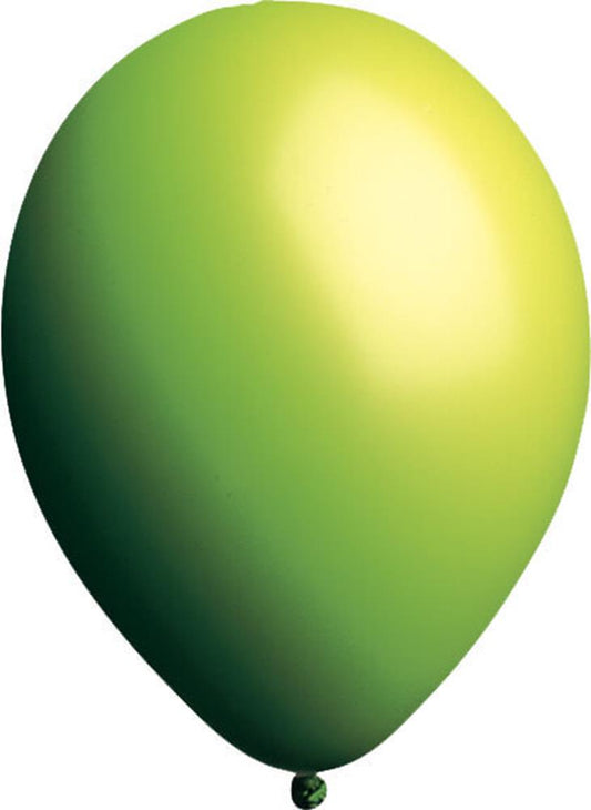 Single lime green latex balloon inflated to approximately 12 inches with glossy finish.
