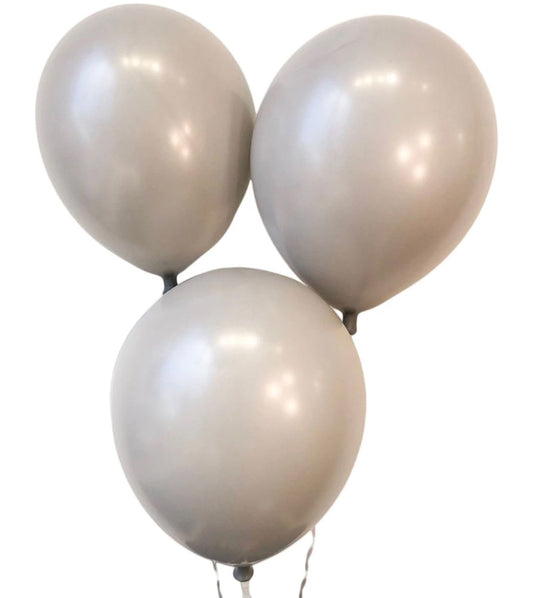 Three shiny gray latex balloons inflated to 12 inches with smooth, round shapes.
