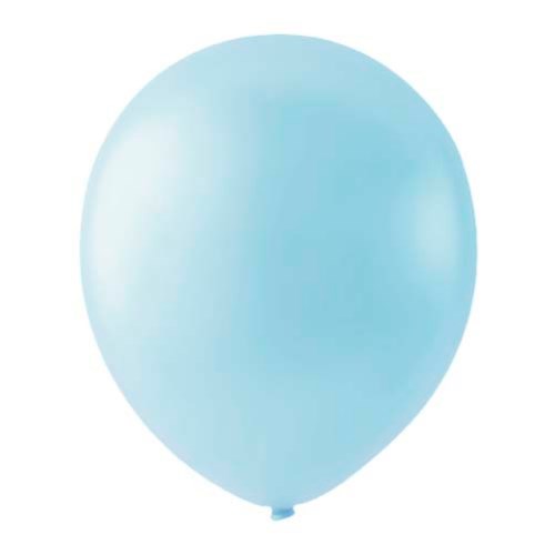Light blue round latex balloon, smooth surface, 12 inches inflated size.