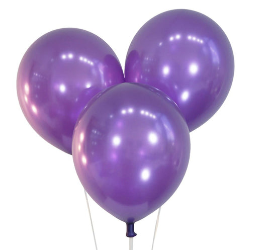 Three shiny metallic purple latex balloons inflated, each 12 inches in size.