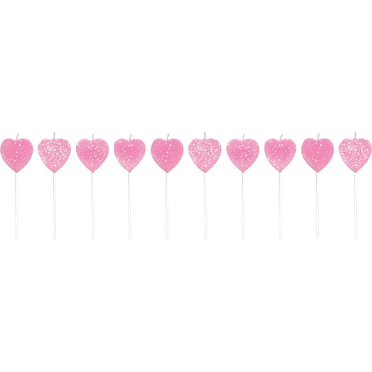 Valentines Decor Pick Candle Heart Pink w/Irid Glitter 10ct