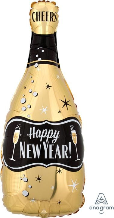 Globo de aluminio de 26 pulgadas con botella de burbujas dorada y negra de Año Nuevo