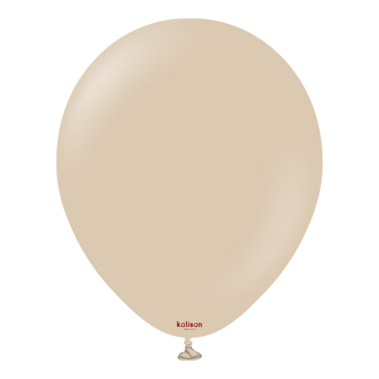 12-inch round latex balloon in soft hazelnut beige with a smooth surface and tied neck.