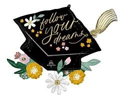 Anagram Grad Follow Your Dreams Floral Cap 30in Foil Balloon FLAT