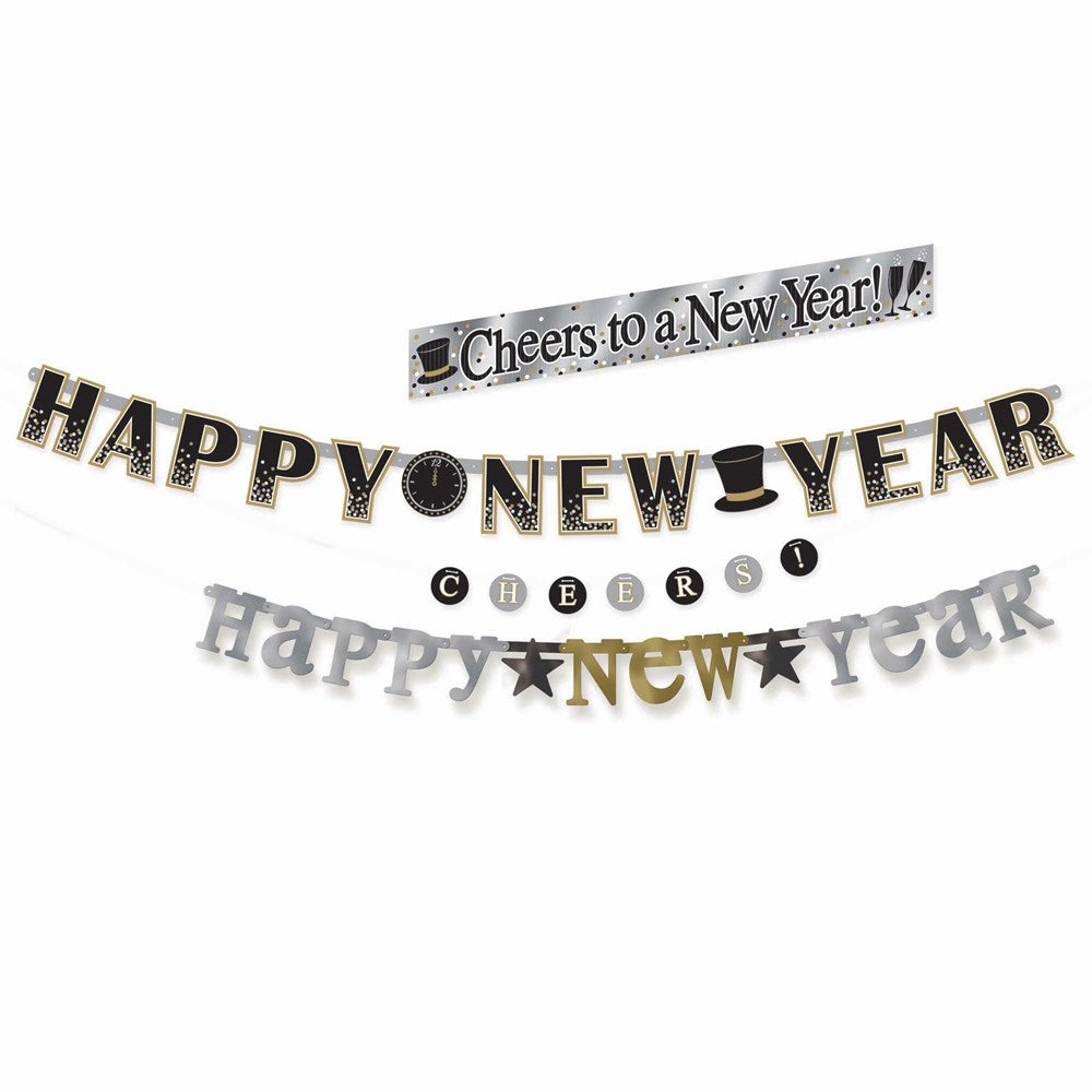Paquete múltiple de pancartas con letras Happy New Year, negro, plateado y dorado, 4 ct.