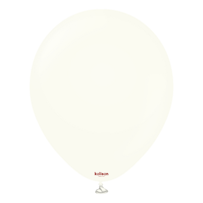 24-inch round white latex balloon with a small red Kalisan logo near the tied end.