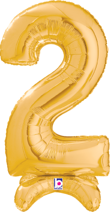 Betallic Number Stand Up 2 Gold 25 inch Air Filled Shaped Foil Balloon packed w/straw 1ct