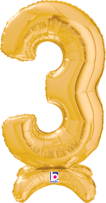 Betallic Number Stand Up 3 Gold 25 inch Air Filled Shaped Foil Balloon packed w/straw 1ct