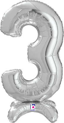 Betallic Number Stand Up 3 Silver 25 inch Air Filled Shaped Foil Balloon packed w/straw 1ct