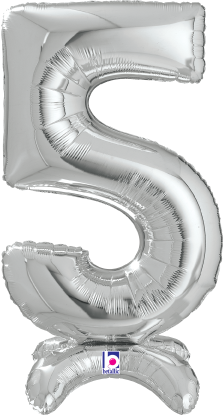 Betallic Number Stand Up 5 Silver 25 inch Air Filled Shaped Foil Balloon packed w/straw 1ct
